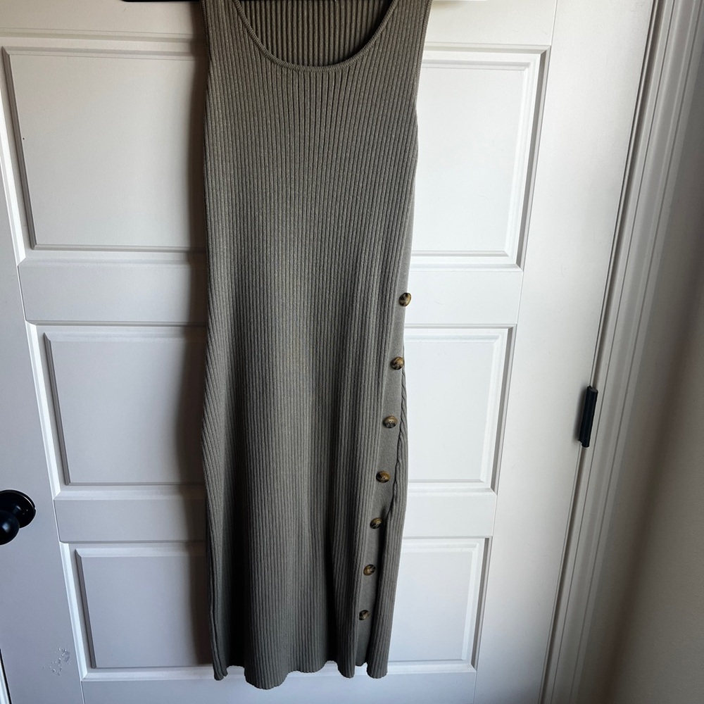 Pink Rose Olive Ribbed Midi Dress with Button Accents